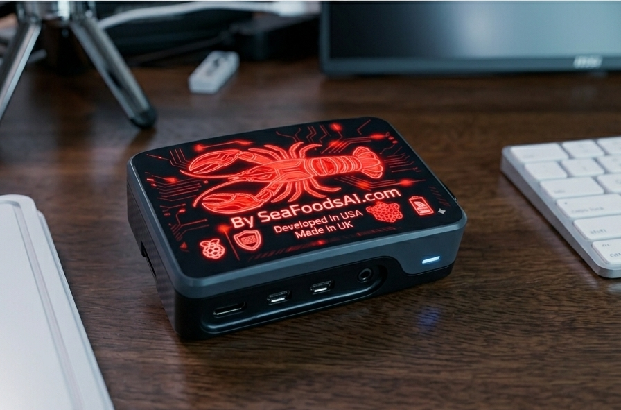 SeafoodsAI device on a wooden desk next to a keyboard.